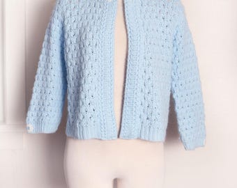 60's Baby blue Cardigan Sweater Daisies Vintage 1960's acrylic M/L