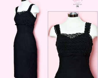 50s Black Wiggle Dress, Vintage Cotton Pique, Crochet Bodice