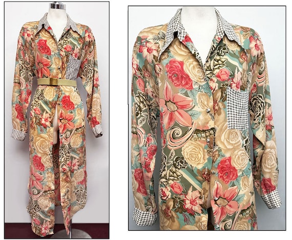 Floral Shirt Dress Vintage 1980's Sheer Patchwork… - image 1