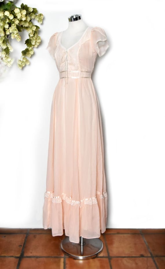 Gunne Sax Long Peach Vintage Dress, Peasant style