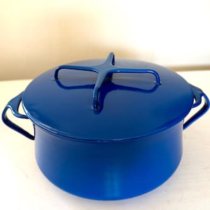 Blue DANSK France IHQ Enamelware Pot Pan 7" - Vintage MCM Mid century Metal Lidded