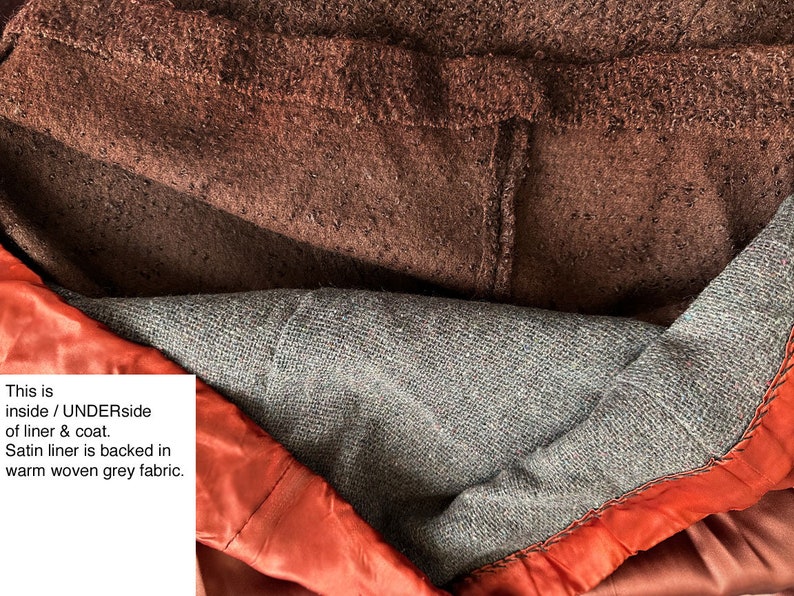 May include: Close-up of the underside of a brown coat, showing the lining. The lining is a warm woven grey fabric with a satin finish. The text "This is inside / UNDERside of liner & coat. Satin liner is backed in warm woven grey fabric." is visible in the image.