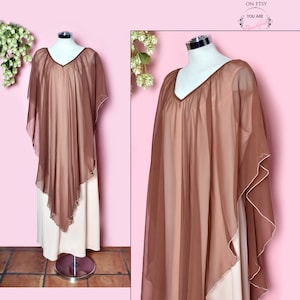 Langes Vintage Kleid, Hippie Boho Kaftan Kaftan Maxi Kleid Kleid, 1970er Jahre Schal Kleid Beige Elfenbein Braun, Stevie Nicks, Large, Ossie Clark
