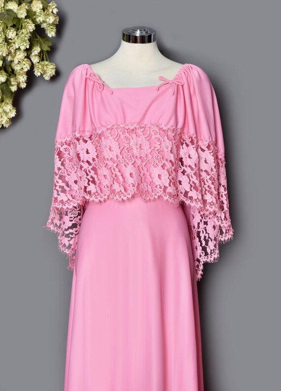 70's Long Pink Maxi Dress, Lace Cape style Boho H… - image 4