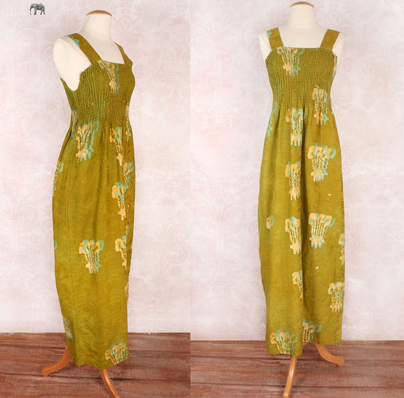 Batik Indian Designer Maxi Dress - Green Long Boh… - image 1