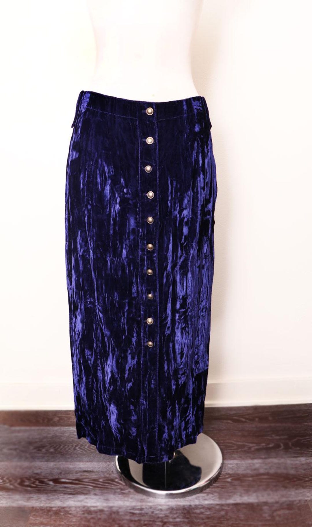 60s Purple Crushed Velvet Skirt, Brass Button Front, Vintage Hip