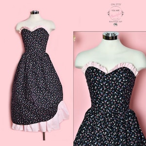 Black & Pink Floral GUNNE SAX style Petticoat Sun Dress Vintage Strapless Summer 1970&#39;s Cottage Full Skirt Peasant Prairie Hippie Dress