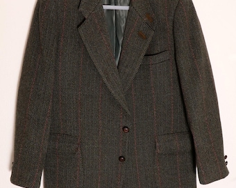 DAKS Green British Wool Hunting Jacket, Sport Coat, Suede Leather Button Holes