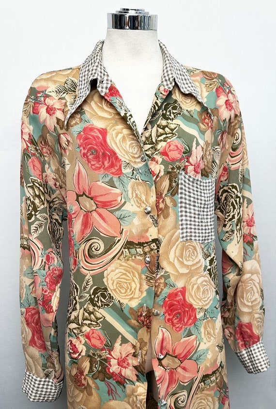 Floral Shirt Dress Vintage 1980's Sheer Patchwork… - image 3
