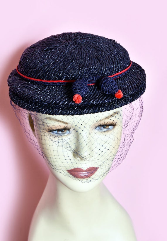 50's Blue & Red Vintage Ladies Hat with Veil, 195… - image 4