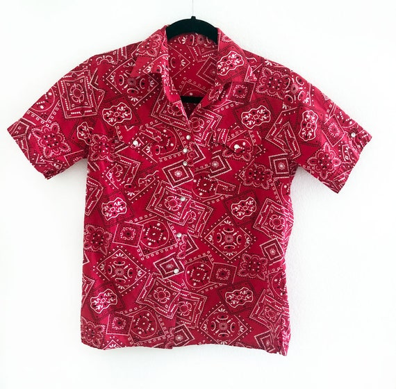 1940's Ranchwear Red Bandana Print Shirt Blouse, 1950… Gem