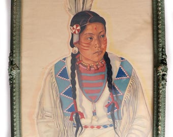 40's Winold Reiss Blackfeet Indian Antique plaster Frame Art Lithograph Vintage 1920's