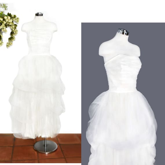 Vintage White Wedding Gown Dress, Sheer Tulle Dra… - image 1