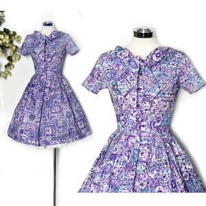 50&#39;s Purple Vintage Dress, Full Skirt, Designer Dress, Rockabilly Hawaiian Print Dress, Party 1950&#39;s Tiki, Mid Century, Pinup, fit & flare