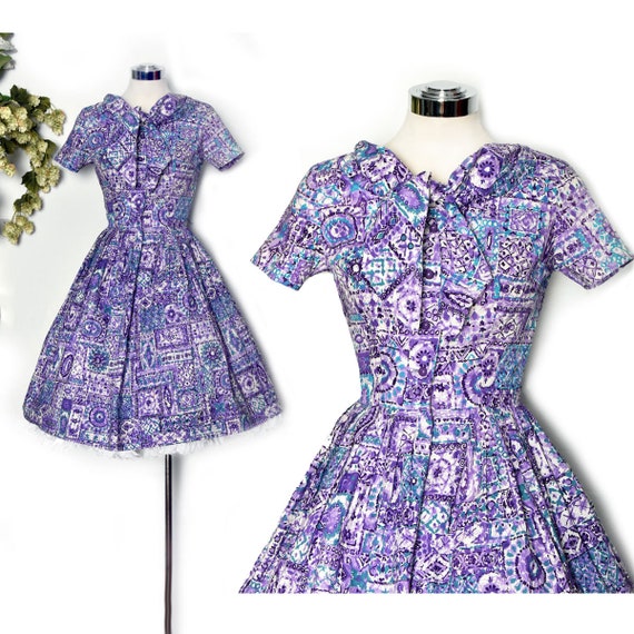 50's Purple Vintage Dress, Full Skirt, Designer D… - image 1