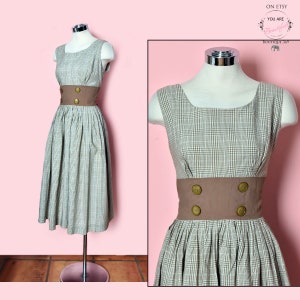 50&#39;s Vintage Cotton Summer Sun Dress, Full Skirt, Size MEDIUM, 1950&#39;s, 1960&#39;s Brown Plaid Fit & Flare Rockabilly Gown