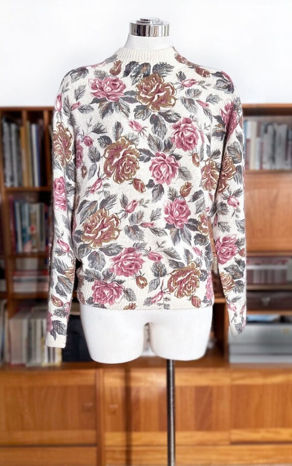 SILK & ANGORA Fur Floral ROSE Print Pullover Swea… - image 1