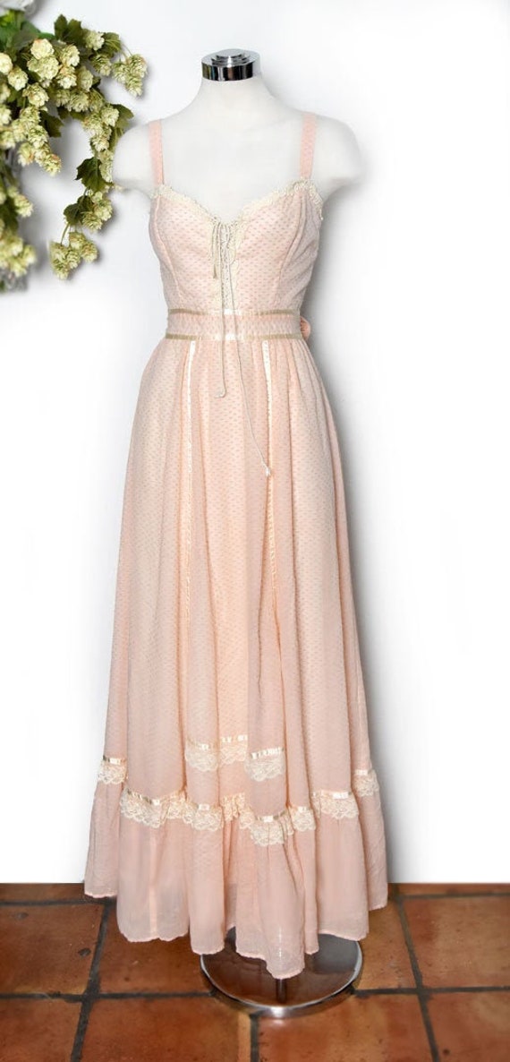 Peach Gunne Sax Long Dress, 1970's Vintage Dress,