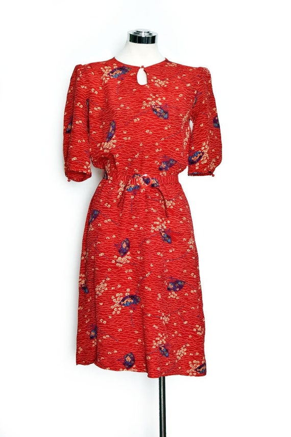 vtg Red Asian Print Dress, Vintage Dress Swing 19… - image 1