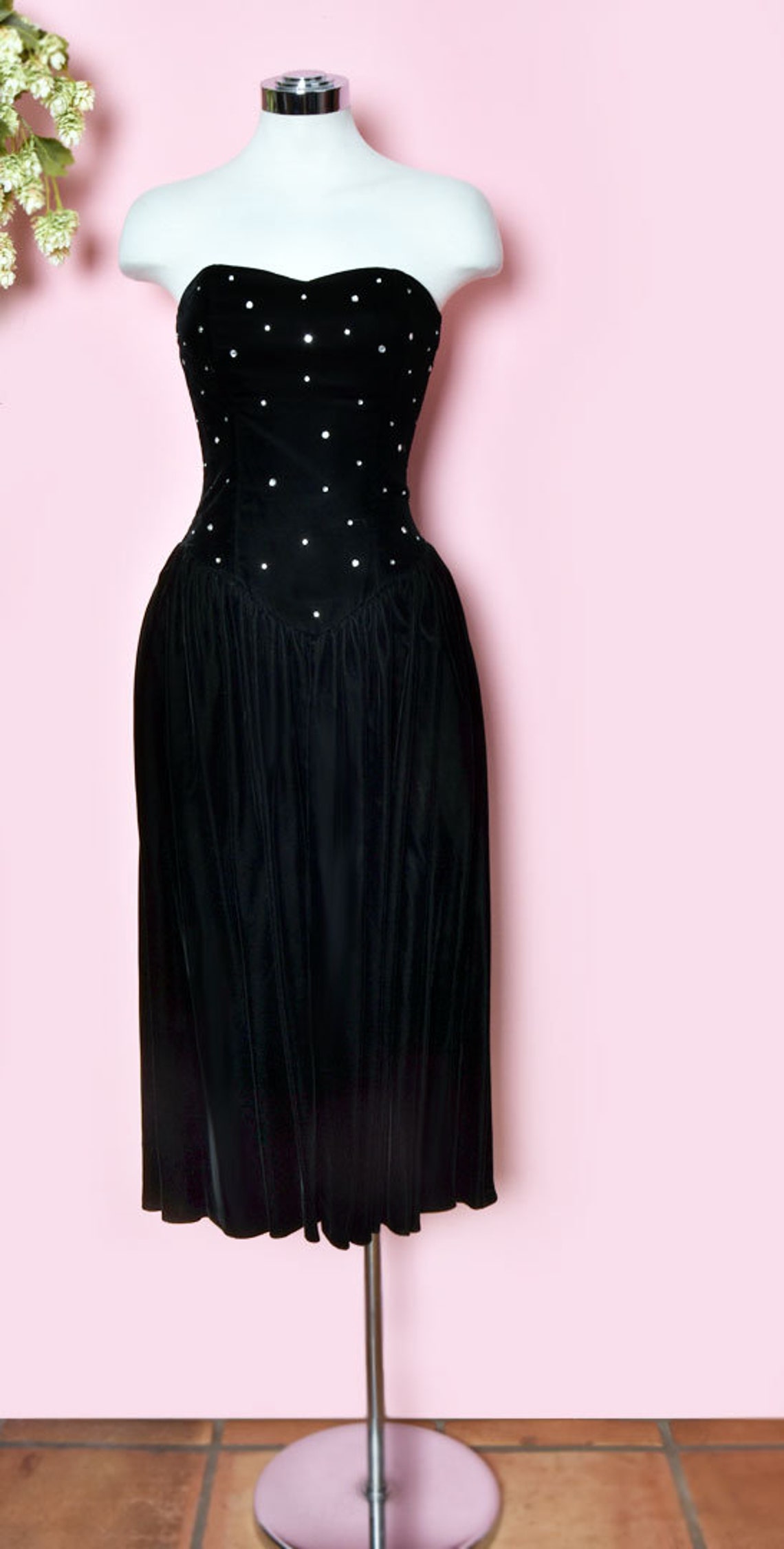 Vtg Black Velvet Strapless Evening Dress Rhinestones Full Etsy