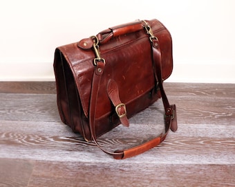 Italian Leather Carry On Laptop Suit Case Bag Overnight Travel Bag Luggage Hides In Shape Brown Vintage Crossbody BRIEFCASE Italy