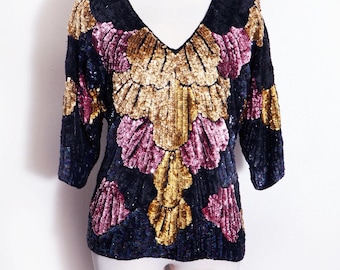 Silk Fully Sequined Evening Top Tunic Blouse vintage 1980's, 1970's Pink Blue Posh Hippie