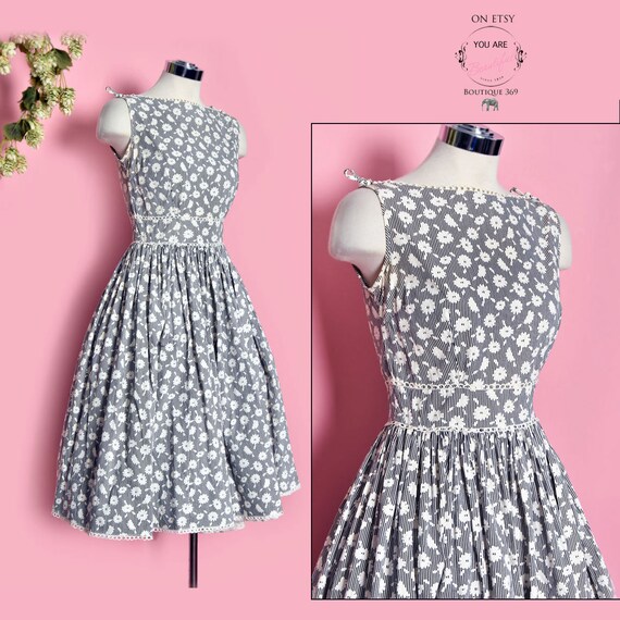 Vtg Sun Dress, 50's Cotton Print Summer Dress, Bla