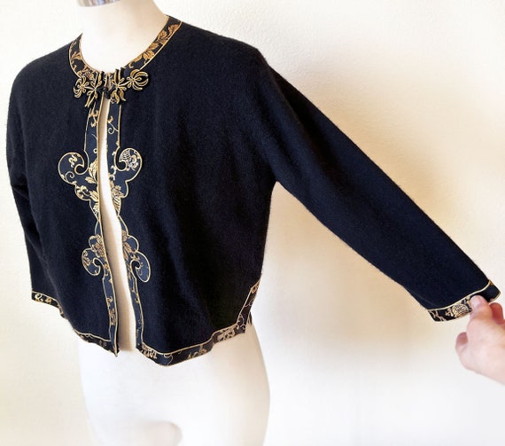 Black & Gold Angora Cardigan Sweater Vintage Mid … - image 1