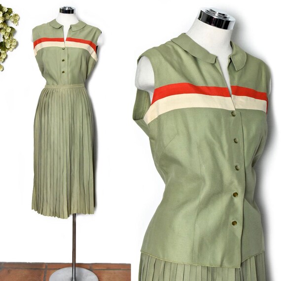 SET- 30's Vintage Dress, Green, Suit, Pleated Skir