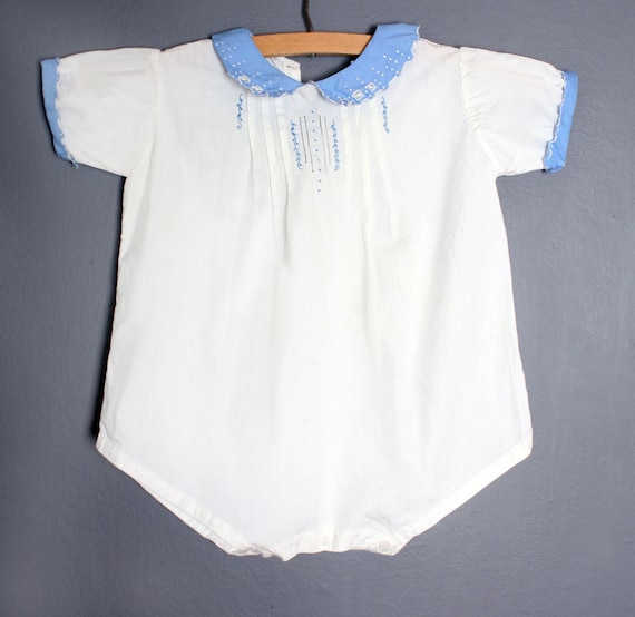 vtg Baby Cotton Onesie Romper Play Suit Blue & Whi