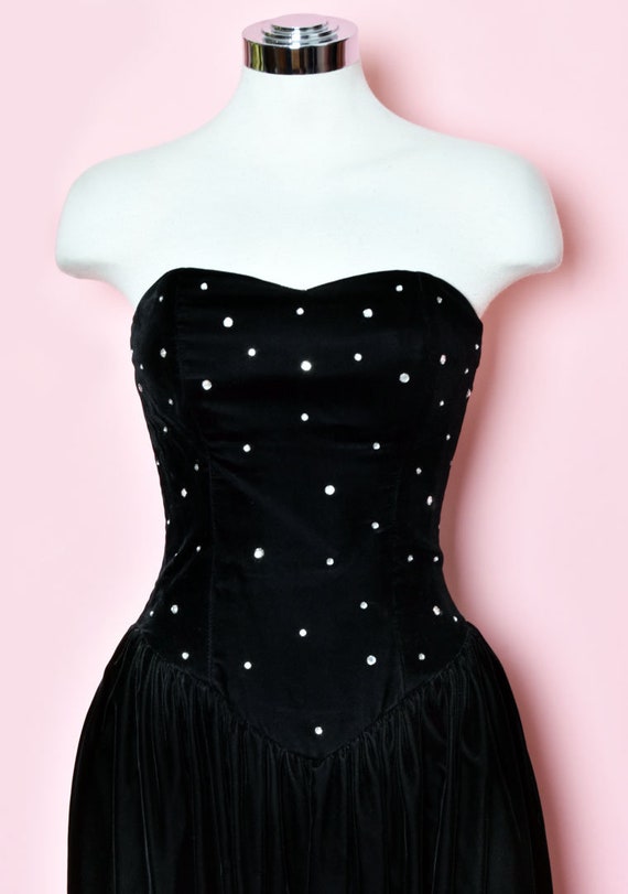 Black Velvet Strapless Corset Evening Dress, Rhin… - image 3