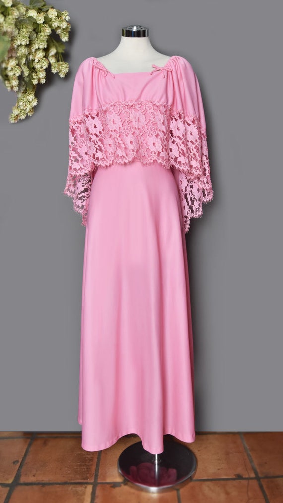 70's Long Pink Maxi Dress, Lace Cape style Boho H… - image 2