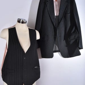 60s Black Pinstripe Suit Jacket & Vest Matching SET Blazer Sport Coat, Men’s 1970&#39;s Vintage 1960&#39;s Zoot Suit style, 46&quot; Chest