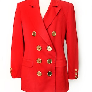 80er Jahre EXPRESS Roter Blazer Jacke Zweireihige RIESIGE Goldknöpfe Vintage 1980&#39;s Medium, Preppy Suit, taillierte Jacke