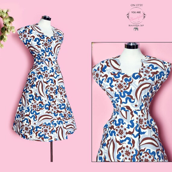 30's Vintage Dress, Art Deco Print Cotton Sun Dres