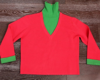 60's Mod Pink & Green Turtleneck Sweater Knit Top 1960's Vintage Beatnik Gogo