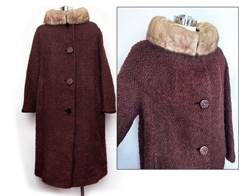 May include: A long, brown wool coat with a fur collar. The coat has a button closure and is lined with a brown fabric.