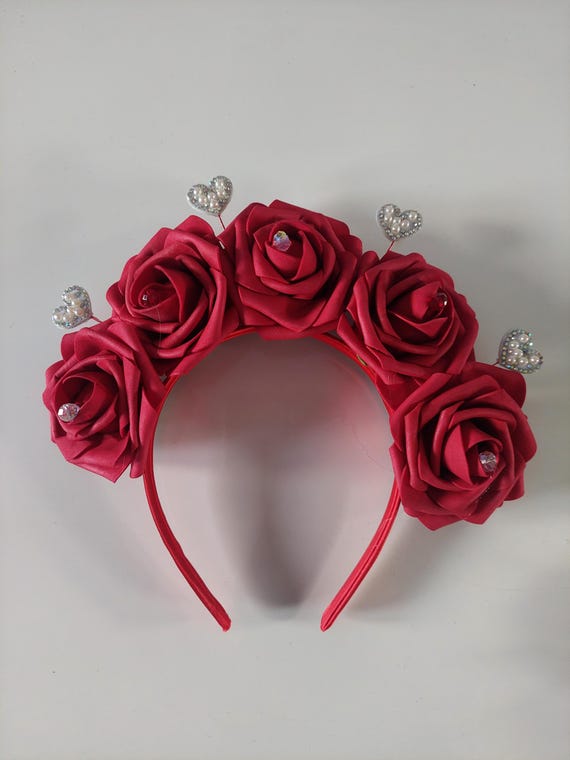 Red Rose Floral Crown With Rhinestone Hearts - Etsy display picture 1