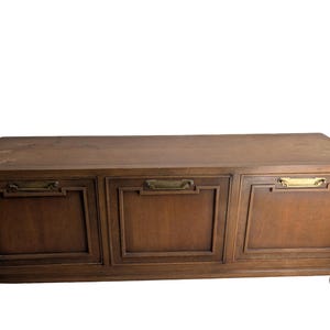 Mid-Century Modern Fancher Furniture Co. 9 Drawer Credenza Dresser Burl Wood Inlay MCM Walnut Sideboard Buffet by Fan