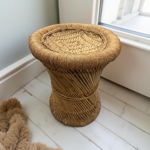 Boho Coastal 70’s Woven Stool Rattan Side Table Vintage Beachy Vibes