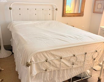 Antique Victorian Iron Bed with Brass Accents White Painted Metal Bed Frame Early 1900s Edwardian Style Cottage Farmhouse Full