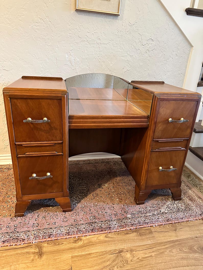 Vintage Art Deco Vanity Desk – 1930s 1940s Walnut Waterfall Dressing ...