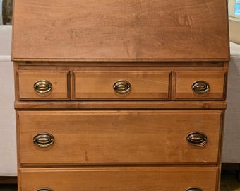 Vintage Thomasville Solid Wood Secretary Desk Mid Century Traditional Drop Front Writing Desk Brown Wood Secretary With Drawers & Cubbie