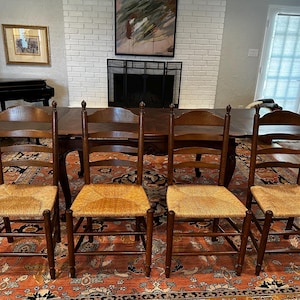 Set of 4 Vintage Ladderback Dining Chairs with Rush Seats – Rustic Farmhouse French Country Style