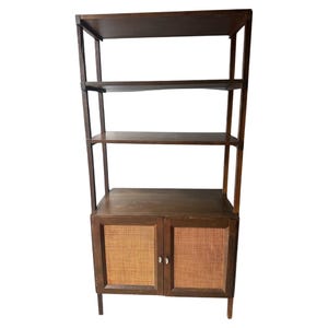 Mid Century Walnut and Rattan Wall Unit Shelving Book Shelf MCM