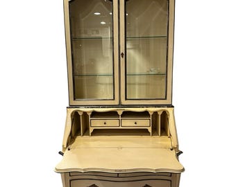 Karges French Provincial Secretary Cabinet — Vintage Cream Lacquer China Display Hutch with Drop-Front Desk, Louis XV Style