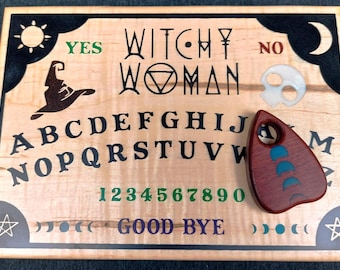 Witchy Woman Spirit/Talking Board, in streaky hard maple and hand poured resin w/glow in the dark highlights. Includes Blood Wood Planchet