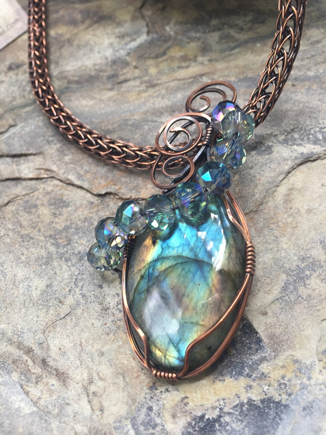 Labradorite Wire Wrapped Pendant Copper Viking Knit Chain