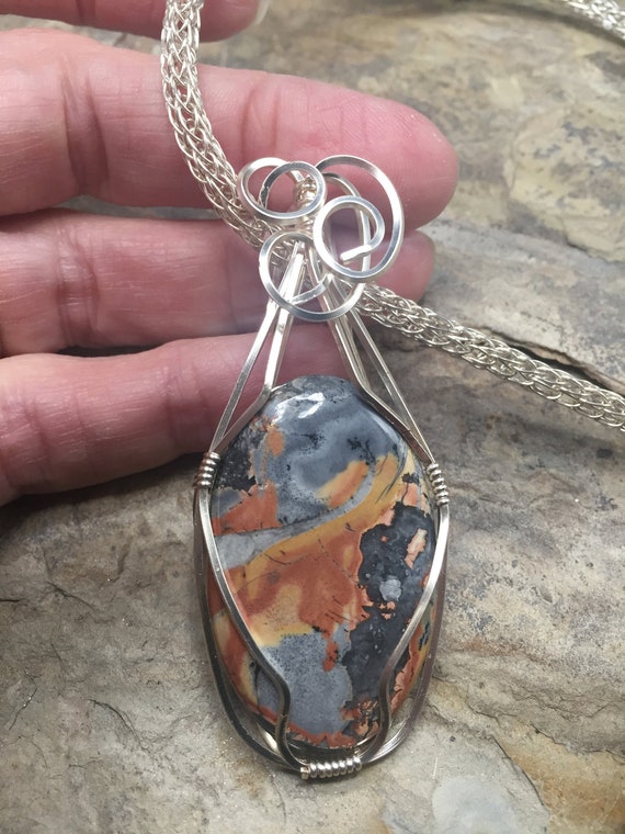 Wire wrapped Maligano Jasper, non tarnish silver, hand made, Viking Knit, necklace