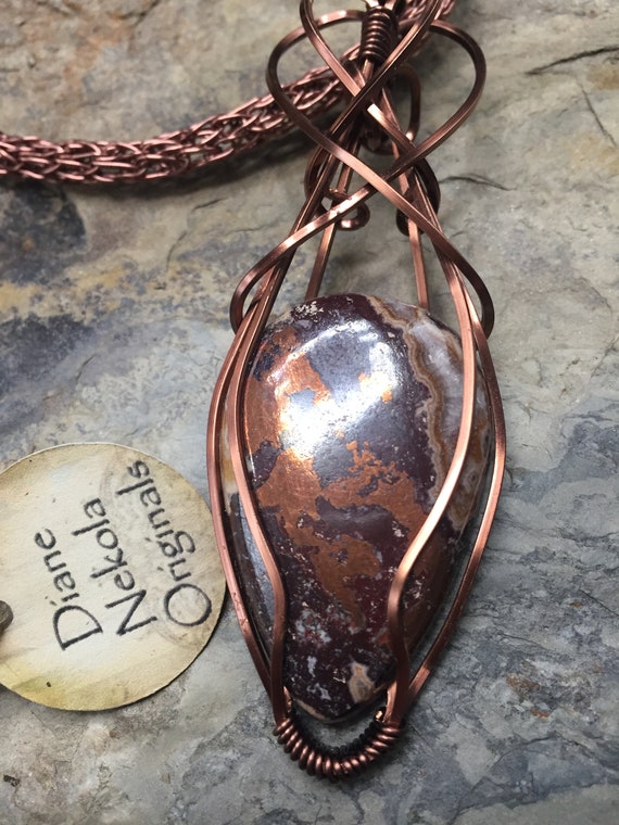 Copper Dolomite wire wrapped pendant, copper Viking knit necklace, crystals
